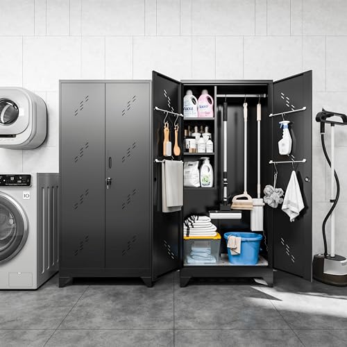 75" Metal Garage Storage Cabinet, Cleaning Tool Storage Cabinet, Utility Garage Storage Broom Closet with Doors, Hanging Rod (Black, Door-2)