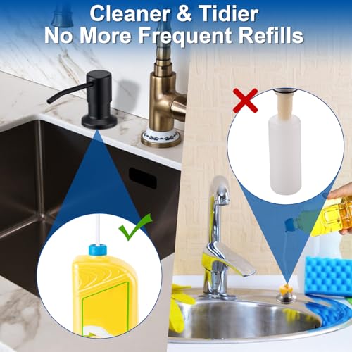 Husfunov Soap Dispenser for Kitchen Sink, Built in Sink Soap Dispenser (Matte Black), Countertop Dish Soap Dispenser Stainless Steel Pump with 47" Extension Tube kit, No Need to Frequent Refills - color: Matte Black