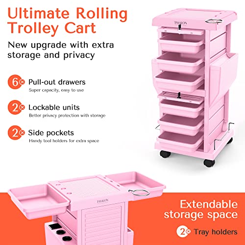 TASALON Professional Salon Trolley Cart, Lockable 6 Trays & 2 Holders, Space Saving Mobile Storage for Hair Salon and Beauty Station - Pink - color: Pink