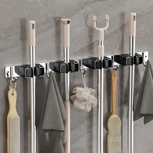 Wall-Mounted Broom Holder Stainless Steel Mop Storage Rack Laundry Room Storage Solution Suitable for Kitchens, Gardens,Garages (Option A: 4 clips with 5 hooks) - color: Option A: 4 clips with 5 hooks