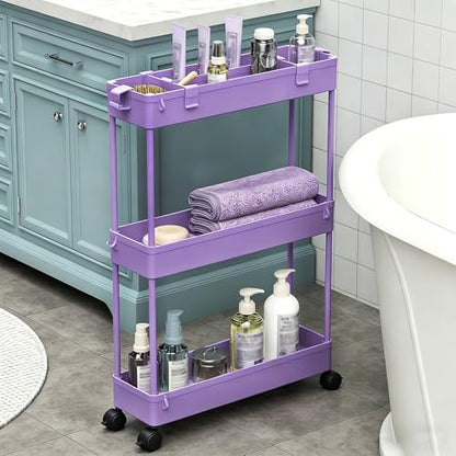 SPACELEAD Slim Storage Cart 3 Tier,Bathroom Organizer Rolling Utility,Mobile Shelving Unit Slide Out for Office, Kitchen, Laundry Room & Narrow Places,Purple - color: Purple