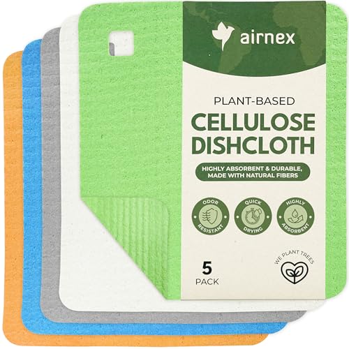 AIRNEX 5 Pack Cellulose Swedish Dishcloths for Kitchen - Eco-Conscious Reusable Dish Towels & Cloths - Super Absorbent, Odor Resistant and Fast Drying Wash Cloths for Dishes & Surfaces - size: 5 Pack