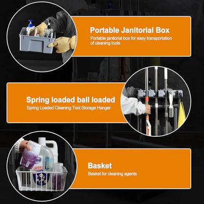 Rolling Cleaning Cart with Mop & Broom Organizer ， Convenient Storage Cart for Janitorial Supplies, Tools, and Cleaning Equipment ， Floor Cleaning Station with Wheels for Housekeeping, Garage &Garden
