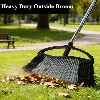 Heavy Duty Outdoor Broom - 15.7" Wide Broom with Long Adjustable Handle & Stiff Bristles for Patio, Garage, Yard, Garden (Black) - color: Black