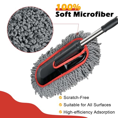 Car Duster Exterior Scratch Free,Microfiber Car Duster with Extendable Handle, with 3PCS Detailing Brush, Exterior Interior Multipurpose for SUV,Truck,RV