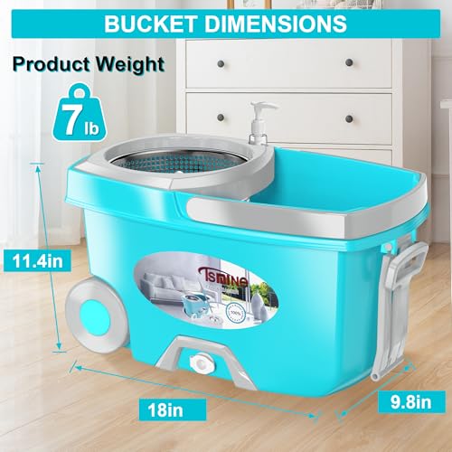 FunClean Spin Mop and Bucket for Home Cleaning, 360° Rotating Floor Mop with Wringer, Adjustable 61" Handle for Back Pain Relief, 6 Microfiber Replacement Heads, 2 Easy-Move Wheels - Blue - size: Blue Mop Bucket with 6 Extra Refills