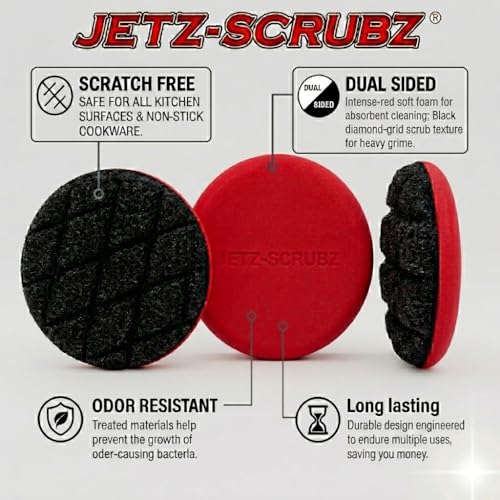 Jetz-Scrubz Scratch-Free Kitchen Scrubber Sponge – Dual Sided Non-Scratch Dish Cleaning Sponge for Cookware, Dishes & Kitchen Surfaces – Odor Resistant, Reusable – Round Scrub Sponges (3 Pack, Red) - color: Red