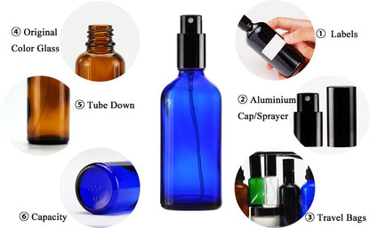 YIZHAO Blue Glass Spray Bottles 4oz, with Small Fine Mist Spray, Metal Cap, Refillable for Essential Oil,Travel,Cleaning,Perfume,Aromatherapy,Makeup – 4 Pcs - color: Blue, size: 100ml-4