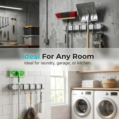 Wall Mounted Mop and Broom Holder, 4 Racks with 5 Hooks, Vacuum Suction Cup Design, Rust-Proof ABS Organizer for Kitchen Bathroom Garage Laundry Room (Grey)