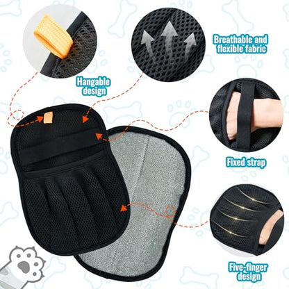 2 PCS Pet Hair Removal Glove for Dogs and Cats Reusable Newly Upgraded Five-Finger Electrostatic Pet Cat Dog Hair Remover Non-Slip Dog Hair Remover Tool for Couch, Clothing, Car Seat,Carpet - size: Black，2PCS