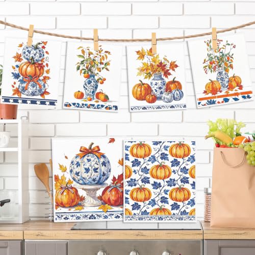 Fall Swedish Dishcloths for Kitchen, 6 Pack Blue-and-White Porcelain Reusable Cellulose Sponge Paper Towels Washable, Fast Drying Swedish Dish Cloth for Home Cleaning - style: Blue-and-White Porcelain