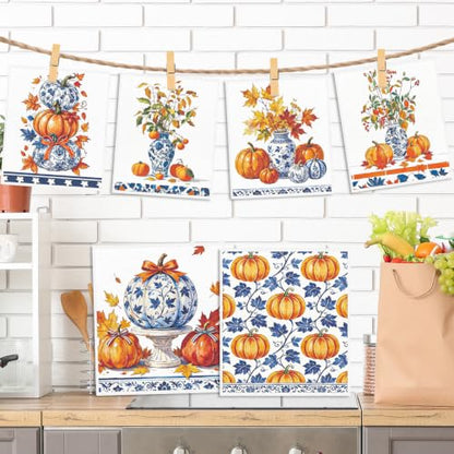 Fall Swedish Dishcloths for Kitchen, 6 Pack Blue-and-White Porcelain Reusable Cellulose Sponge Paper Towels Washable, Fast Drying Swedish Dish Cloth for Home Cleaning - style: Blue-and-White Porcelain
