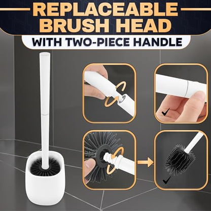 Toilet Brush and Holder Set - Silicone Toilet Bowl Brush with White Holder Base, Compact Bath Accessory for Small Spaces - Easy to Place and Simple to Store After Use, Plastic Bathroom Cleaning Tool - color: White