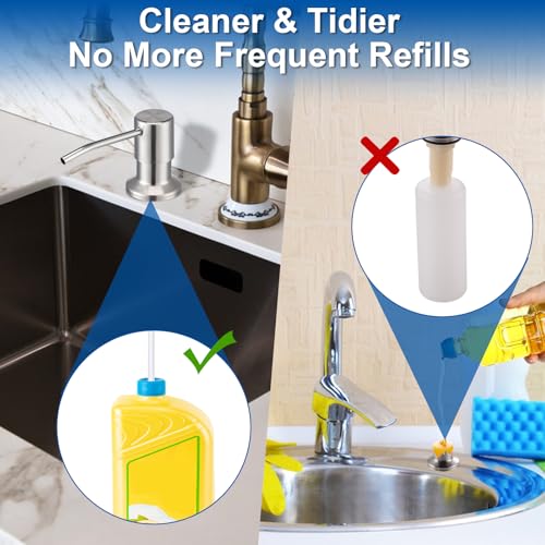 Husfunov Soap Dispenser for Kitchen Sink, Built in Sink Soap Dispenser (Brushed Nickel), Countertop Dish Soap Dispenser Stainless Steel Pump with 47" Extension Tube kit, No Need to Frequent Refills - color: Brushed Nickel