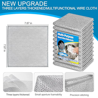 12 Pcs Multipurpose Wire Dishwashing Rag, 7.87" x 7.87" Non Scratch Wire Dishcloth, 3-Layer Steel Wool Wire Dishwashing Cloth Reusable Wire Cleaning Cloth for Cookware, Sinks, Dishes, Stove Tops