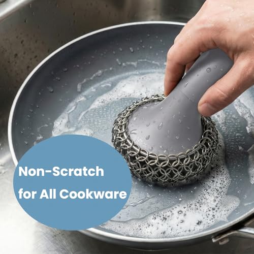 Cast Iron Scrubber with Long Handle | 316 Cast Iron Cleaner Chainmail Scrubber for Pan Skillet Cleaner - Dish Scouring Pad Dishwasher Safe Cleaning Kit (Grey, 1 Scrubber + 1 Scraper) - color: Grey, 1 Scrubber + 1 Scraper