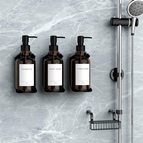 Modern Shampoo and Conditioner Dispenser - Shower Soap Dispenser Wall Mounted - 3-Pack 16 oz Plastic Amber Bottles with Black Pumps - Stylish Shampoo Dispenser, Shower Dispenser 3 Chamber No Drill - color: Amber
