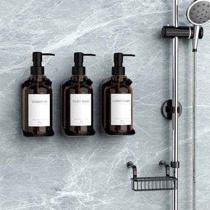 Modern Shampoo and Conditioner Dispenser - Shower Soap Dispenser Wall Mounted - 3-Pack 16 oz Plastic Amber Bottles with Black Pumps - Stylish Shampoo Dispenser, Shower Dispenser 3 Chamber No Drill - color: Amber