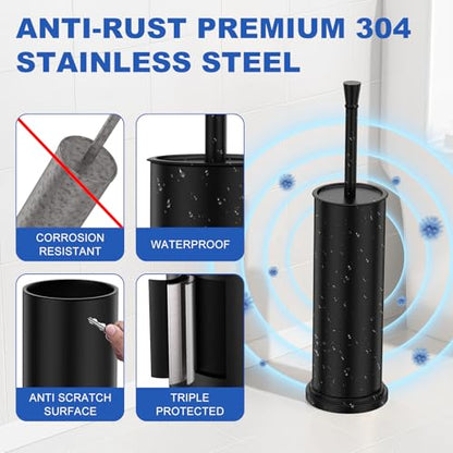 Toilet Brush and Holder Set：304 Stainless Steel Heavy Duty Toilet Bowl Brush，Removable Inner Bowl and Splash Protection，Bathroom Toilet Brush-Dense Bristles for Through Cleaning - color: Black