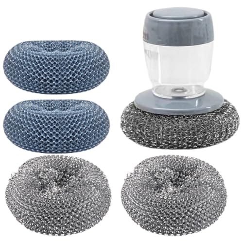 Artibetter Dishwashing Brush Set with Soap Dispenser, 1 Steel Wire Scrubber and 2 Synthetic Sponges, Pressure-Activated Pot and Pan Cleaning Brush for Kitchen and Home Use