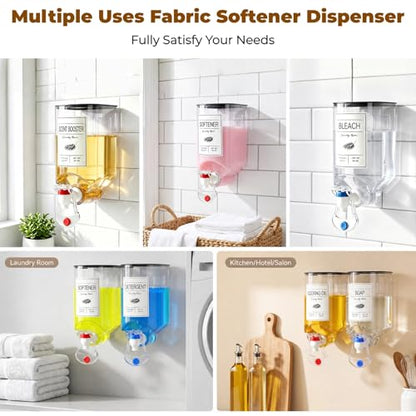 2 Pack Laundry Soap Dispenser,Wall Mounted Detergent Dispenser, Fabric Softener Dispenser, Liquid Dispenser with Spigot for Laundry Room Organization and Storage with 4 Labels Measuring Cups