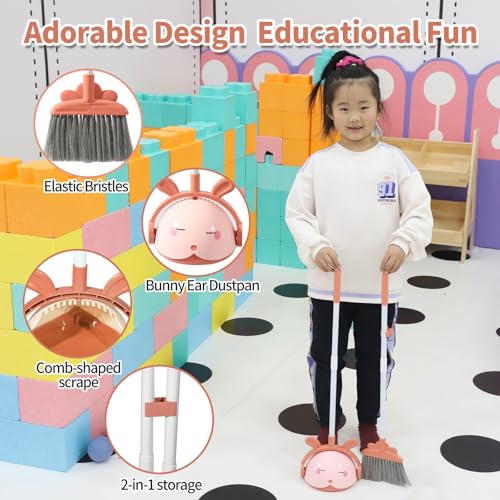 Midoneat Kids Cleaning Toy Set, Mini Child Broom, Mop and Dustpan, Little Housekeeping Helper Set ,Pretend Home Cleaning Play Set for Toddler Height 75-115cm ,6pcs (Pink) - color: Pink