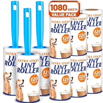 Pet Hair Lint Roller Pack for Home Car Office, 1080 Sheets | 3 Handles and 9 Rolls Total, Sticky Roller for Couch, Carpet, Furniture and Black Clothes - size: 3 Handles + 6 Refills + 1080 Sheets