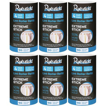 4 inch Lint Roller Refills for Evercare Extreme Stick All Purpose Lint Roller Standard Sticky Roller Refills 6 Pack 90 Sheets per Refill 540 Sheets Total (Inside Dia. 1 1/2 inch) - size: 4 inch (1.5'' ID)