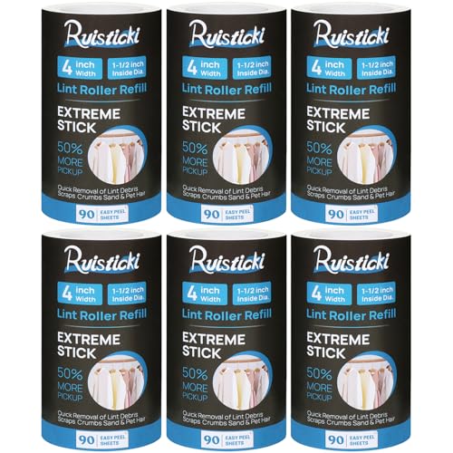 4 inch Lint Roller Refills for Evercare Extreme Stick All Purpose Lint Roller Standard Sticky Roller Refills 6 Pack 90 Sheets per Refill 540 Sheets Total (Inside Dia. 1 1/2 inch) - size: 4 inch (1.5'' ID)