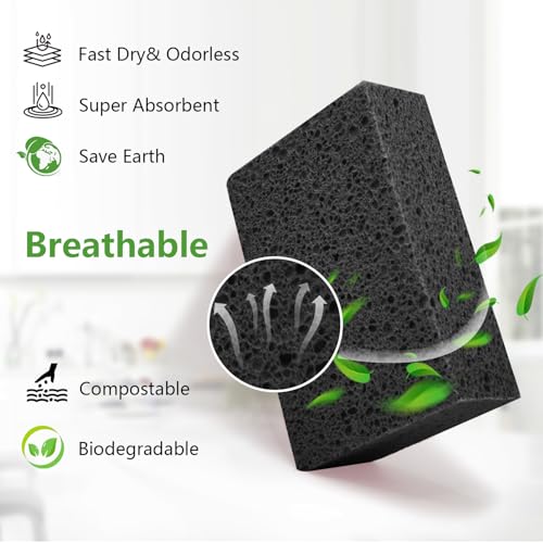 Cleaning and Washing Sponge, 3 Pack Large Extra Thick Heavy Duty Sponge Multi-Purpose for Kitchen Bathroom Bike Boat Car, Natural Cellulose Sponges 4" X 6" X 2" (Black) - color: A-black