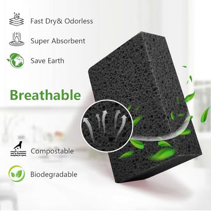 Cleaning and Washing Sponge, 3 Pack Large Extra Thick Heavy Duty Sponge Multi-Purpose for Kitchen Bathroom Bike Boat Car, Natural Cellulose Sponges 4" X 6" X 2" (Black) - color: A-black