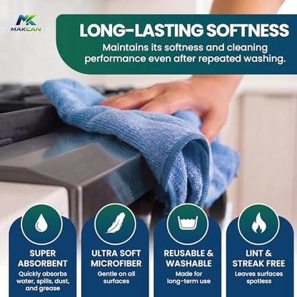 Microfiber Cleaning Cloths, 12 Pack, 40 x 40 cm, 350 GSM | 350 GSM, Lint-Free, Multi-Surface, For Kitchen, Car, Glass & Household