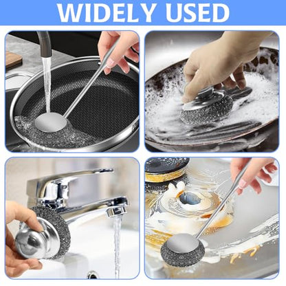 2Pcs Stainless Steel Wool Scrubber Sets, Dish Scrubber with Long Short Handle Stainless Steel Scrubber Cleaning Brush Metal Scrubber with Replacement, Steel Scrubber for Dishes Tableware Home Kitchen - color: 5pcs