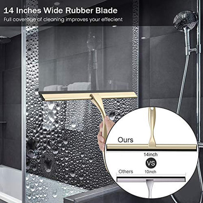 Shower Squeegee with Self Adhesive Hook, 14 Inches Stainless Steel Squeegee Cleaner, All-Purpose Window Scraper for Bathroom Doors, Mirror, Windows and Car Glass, Light Gold