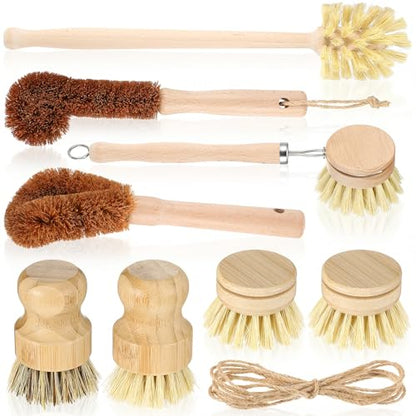 9pcs Bamboo Dish Brush Set Wooden Dish Brush with 14’’ Bottle Brush Natural Kitchen Scrub Brush Dish Scrubber for Kitchen Cleaning Dishes Pans Bottles Sink Vegetables Household