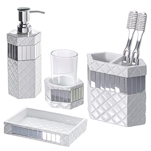 Creative Scents Quilted Mirror White Bathroom Accessories Set - Decorative 4 Piece Bathroom Set - Mirrored Bathroom Accessory Set Includes: Soap Dispenser, Toothbrush Holder, Tumbler & Soap Dish - style: 4 Piece Set