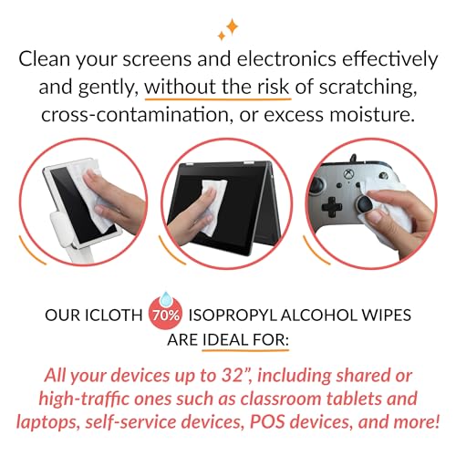 iCloth 70% Isopropyl Alcohol Large Screen and Electronics Wipes, Lint-Free, Streak-Free, Fast-Drying, Removes Dust and Fingerprints (50 Wipes)
