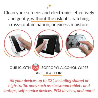 iCloth 70% Isopropyl Alcohol Large Screen and Electronics Wipes, Lint-Free, Streak-Free, Fast-Drying, Removes Dust and Fingerprints (50 Wipes)