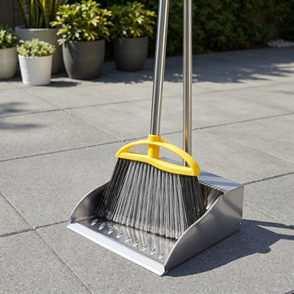 Broom and Dustpan Set, Outdoor Heavy Duty Broom with Stainless Steel Dustpan,Stiff Bristles Broom and Metal Dust Pan for Home