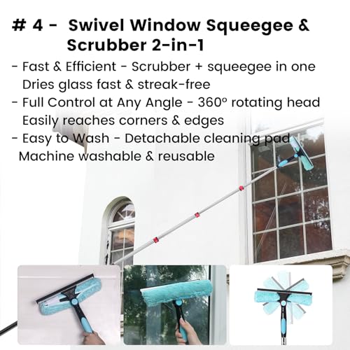 20FT High Reach Cleaning Kit - Includes 12FT Telescoping Extension Pole Bendable Chenille Duster & Microfiber Duster Cobweb Duster Glass Scrubber & Squeegee Swivel Head - for Ceiling Fans Windows - size: 12ft+5PC-kit1
