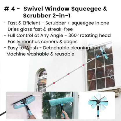 20FT High Reach Cleaning Kit - Includes 12FT Telescoping Extension Pole Bendable Chenille Duster & Microfiber Duster Cobweb Duster Glass Scrubber & Squeegee Swivel Head - for Ceiling Fans Windows - size: 12ft+5PC-kit1
