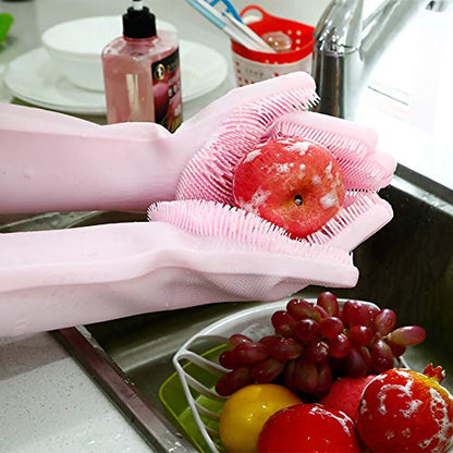 Silicone Dishwashing Gloves, Pet Grooming Rubber Scrubbing for Dishes, Sponge Wash Cleaning with Scrubbers (13.6" L) - color: Purple