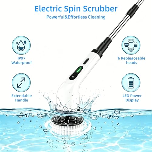 Electric Spin Scrubber,for Mom, 6 Interchangeable Brush Heads, IPX7 Waterproof Cordless Scrubber with Extendable Handle, 2-Speed Rechargeable Bathroom Cleaner for Tub Tile Grout Toilet