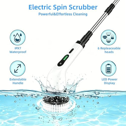 Electric Spin Scrubber,for Mom, 6 Interchangeable Brush Heads, IPX7 Waterproof Cordless Scrubber with Extendable Handle, 2-Speed Rechargeable Bathroom Cleaner for Tub Tile Grout Toilet