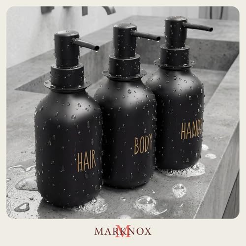 Black Soap Dispenser Set for Bathroom – 3-Packs Refillable Bottle Set, Soft Touch Pump Bottles Wall Mount Hooks Stickers Glue with Vanity Sink Placement Modern Design