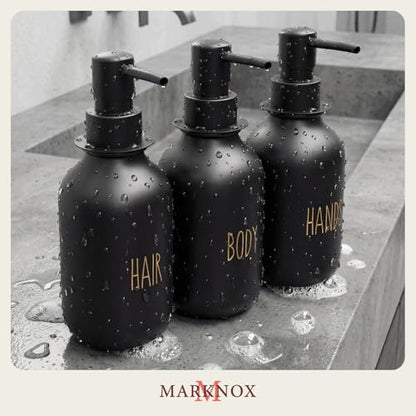 Black Soap Dispenser Set for Bathroom – 3-Packs Refillable Bottle Set, Soft Touch Pump Bottles Wall Mount Hooks Stickers Glue with Vanity Sink Placement Modern Design