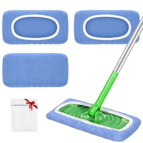 Reusable Mop Pads Compatible with Swiffer Sweeper Mop, Microfiber Dry Sweeping Cloths & Machine Washable Wet Pads Refill for Use on All Sealed Floors - Stone, Hardwood, Laminate & Tile (3 Blue) - color: Blue, size: 3 Pack