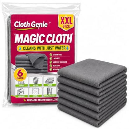 6PACK GenieCloth Magic Cloth 6-Pack XXL Microfiber Cleaning Cloths | 16x12 Inch Size, Streak & Lint-Free, Cleans with Water Only, Machine Washable, Glass, Steel & More