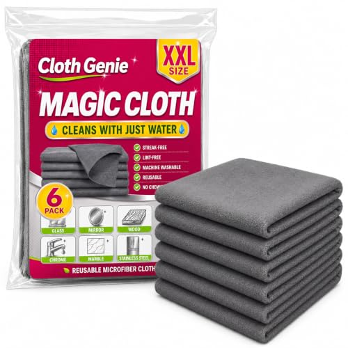6PACK GenieCloth Magic Cloth 6-Pack XXL Microfiber Cleaning Cloths | 16x12 Inch Size, Streak & Lint-Free, Cleans with Water Only, Machine Washable, Glass, Steel & More