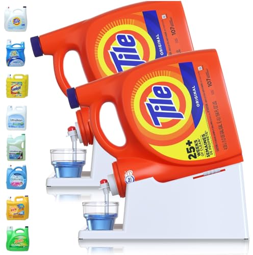 TidyFriend 2 Pack Liquid Laundry Detergent Holder Stand with Strap, Drip Tray & Rubber Feet, Stand for Laundry Room Organization and Storage, Fabric Softener Dispenser Holder for Easy Pouring (White) - color: White